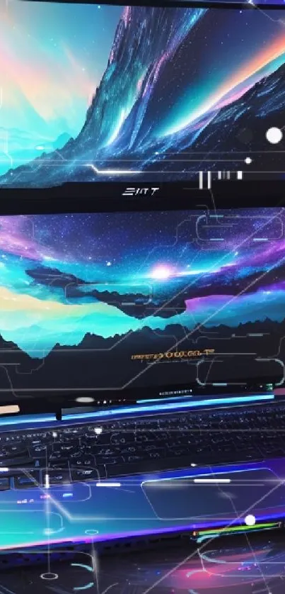 Futuristic, vibrant dual-screen laptop wallpaper with stunning colors.