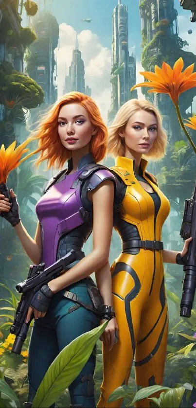 Two heroines in a futuristic, lush city holding weapons.