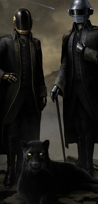 Dark theme mobile wallpaper featuring a futuristic duo with a panther.