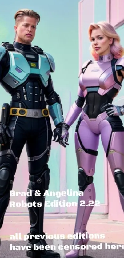 Futuristic duo in cyber suits with a vibrant background.