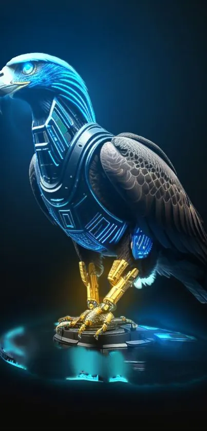 Futuristic cybernetic eagle with glowing blue accents.