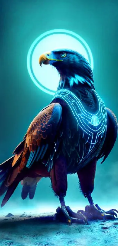 Futuristic eagle with blue glow and neon accents, perfect for mobile wallpaper.