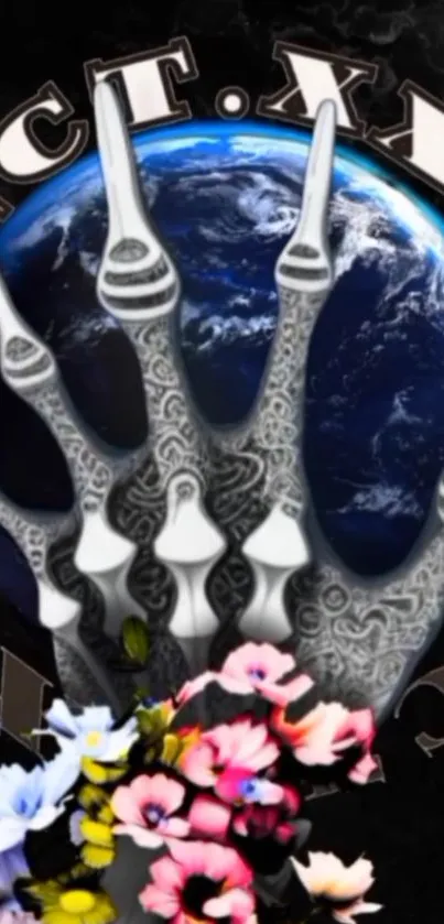 Futuristic mechanical hand with Earth and floral design.