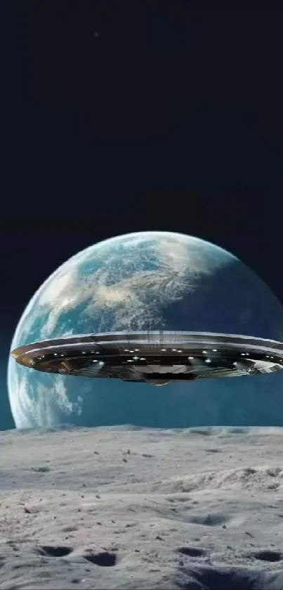 Futuristic scene with UFO and Earth over lunar surface.