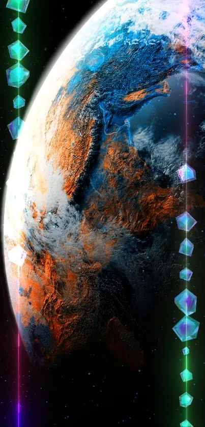 Futuristic digital art of Earth with geometric designs.