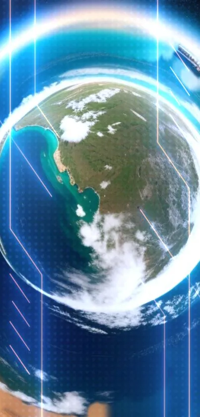 Futuristic digital Earth wallpaper with vibrant cosmic elements and blue tones.