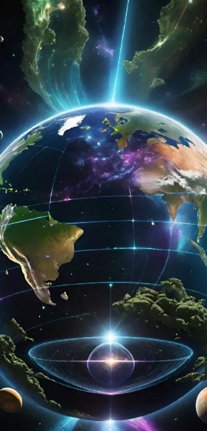Vibrant cosmic Earth with celestial bodies.