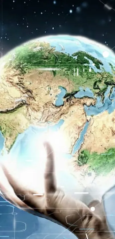 Futuristic image of a hand holding Earth against a digital background.