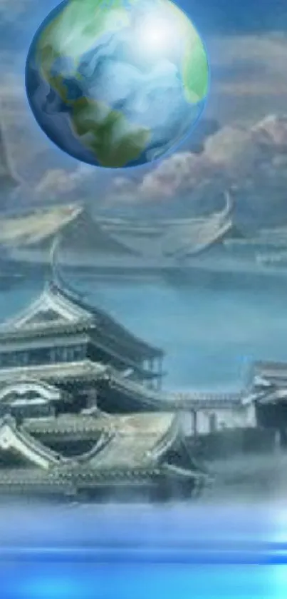 Futuristic Earth floating above misty temple with serene blue atmosphere.