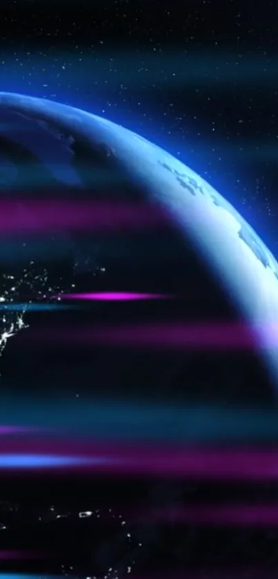 Futuristic blue and purple Earth wallpaper with neon effects and cosmic view.