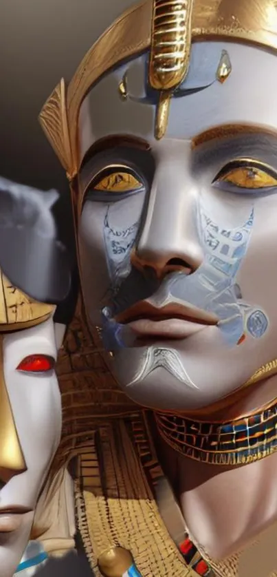 Futuristic Egyptian art with metallic masks.