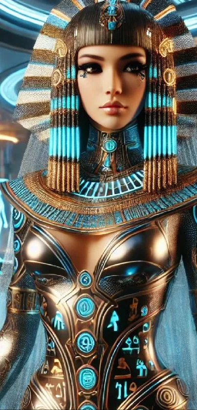 Futuristic Egyptian warrior with intricate armor in a glowing setting