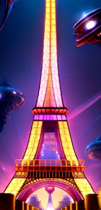 Futuristic Eiffel Tower with neon sci-fi elements.