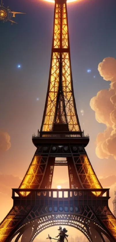 Futuristic Eiffel Tower illuminated against a cosmic night sky.