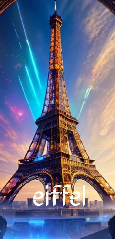 Futuristic Eiffel Tower glowing in vibrant night colors, with cityscape background.