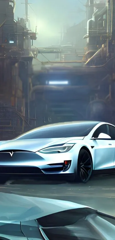 Futuristic electric car in an industrial setting, perfect for mobile wallpaper.