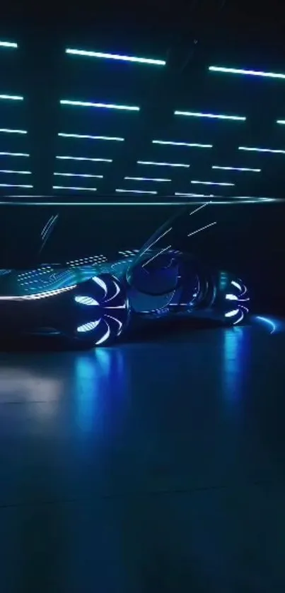 Futuristic electric car with neon lights in a dark setting.