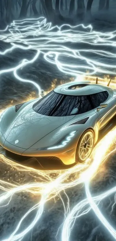 Futuristic car with glowing light trails in a dark forest setting.