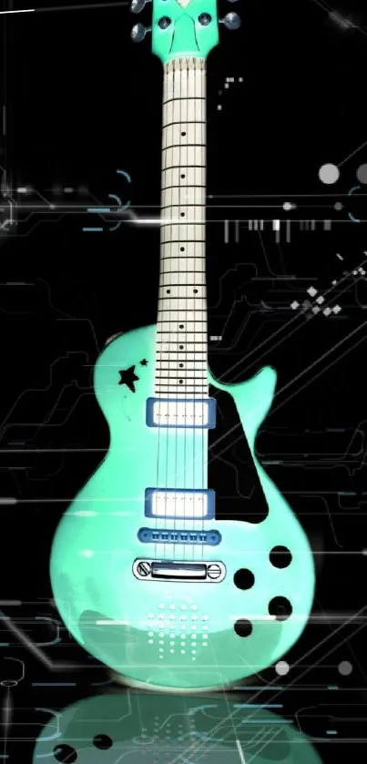 Mint green electric guitar on a futuristic digital backdrop.