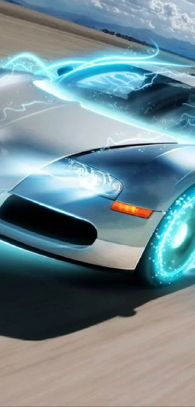 Futuristic sports car with electric blue energy on a desert road.