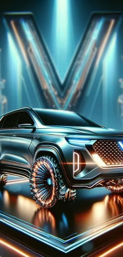 Futuristic electric SUV with glowing details on a tech-inspired background.