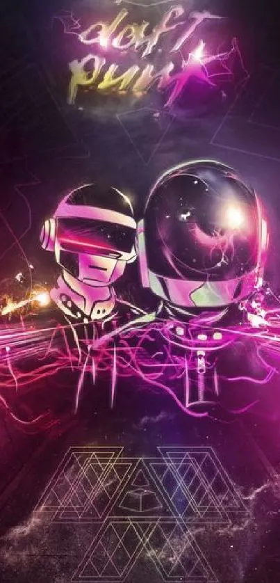 Futuristic electro music wallpaper with vibrant neon helmets.