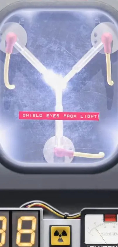 Futuristic flux capacitor design with glowing neon lights.