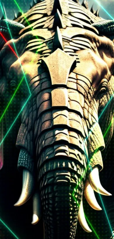 Futuristic elephant design with laser beams on mobile wallpaper.