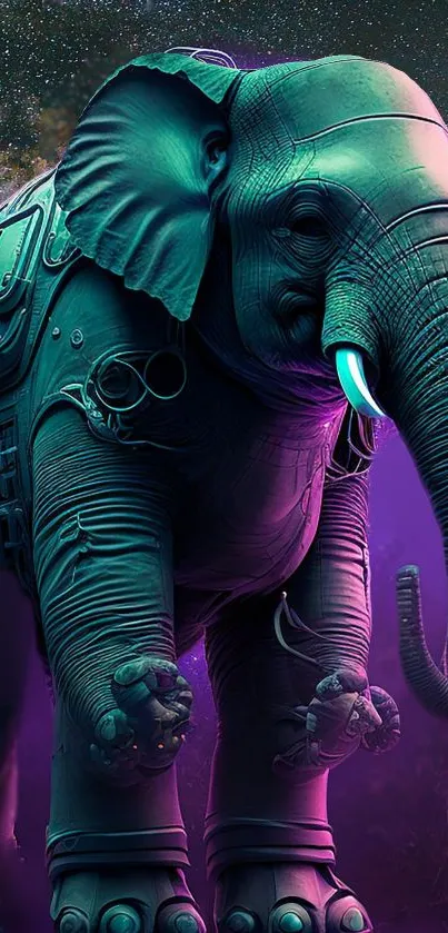 Neon cosmic elephant art for mobile wallpaper, cosmic and futuristic theme.