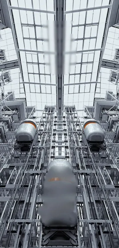 Futuristic elevator with modern metallic design in a high-rise setting.