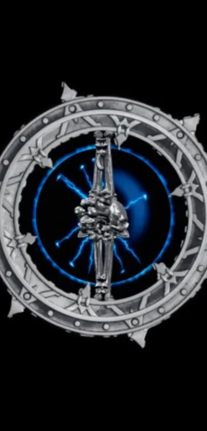 A futuristic metallic emblem with electric blue highlights on a black background.