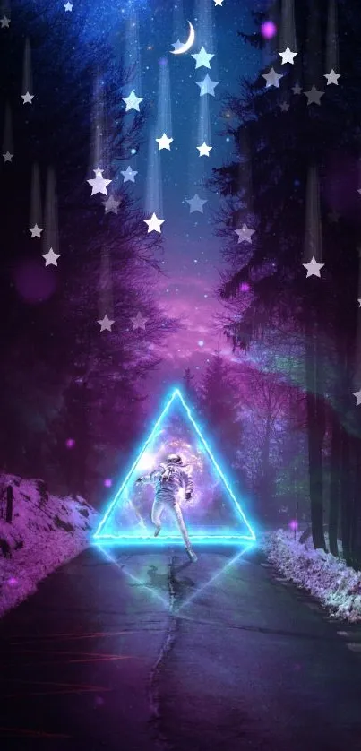 Futuristic forest with neon and cosmic stars wallpaper.