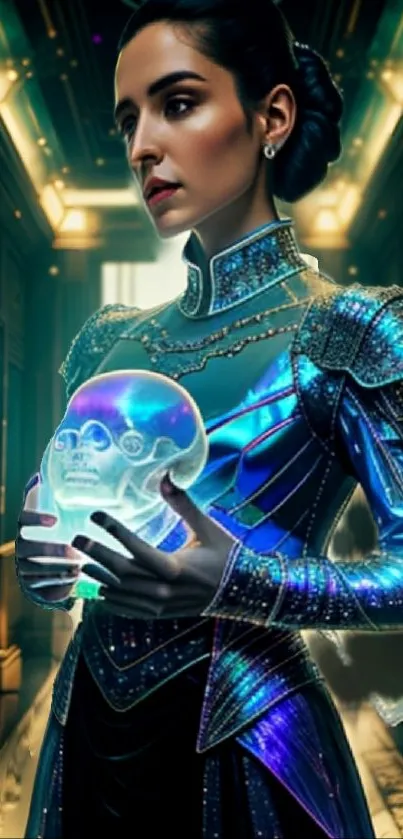 Futuristic woman in neon corridor holding a glowing skull.