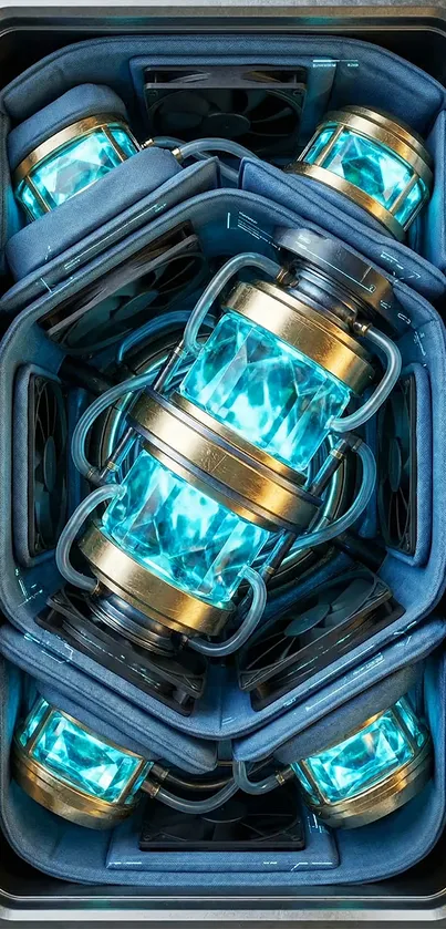 Sci-fi energy capsules with blue glow in futuristic design.