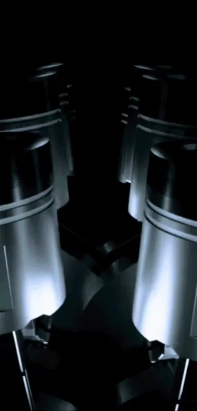 Futuristic pistons with glossy metal finish on black background.