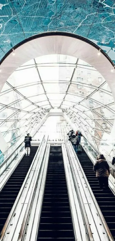 Futuristic escalator with city map design.