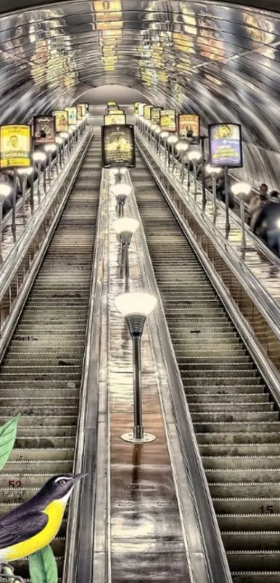 Futuristic escalator with bird in urban setting, sleek and modern.