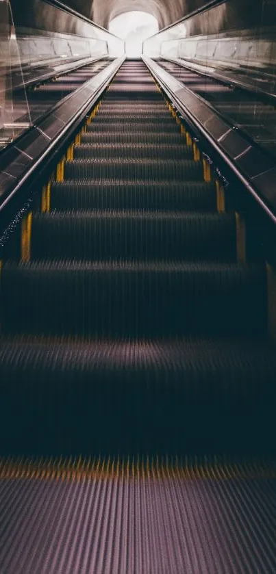 Futuristic escalator ascending towards light in a tunnel.