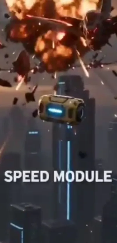 Futuristic explosion over cityscape with dynamic debris falling.