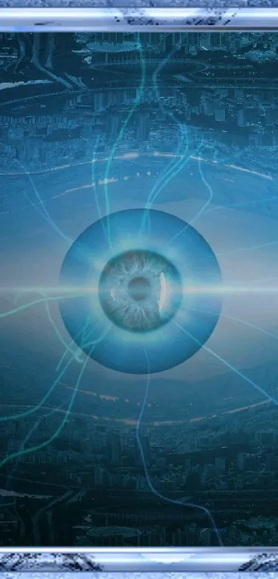 Futuristic cybernetic eye with cityscape reflection in blue tones.