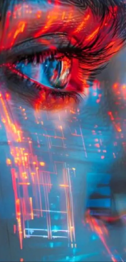 Futuristic digital art of a close-up eye with neon lights and vibrant colors.