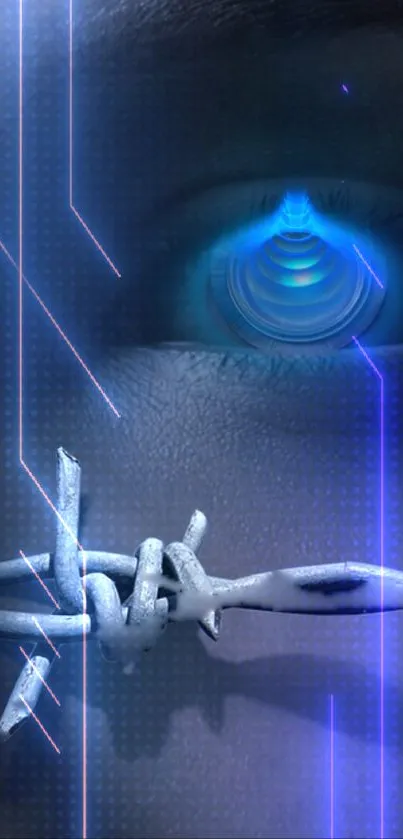 Futuristic eye and barbed wire cyber wallpaper in blue tones.
