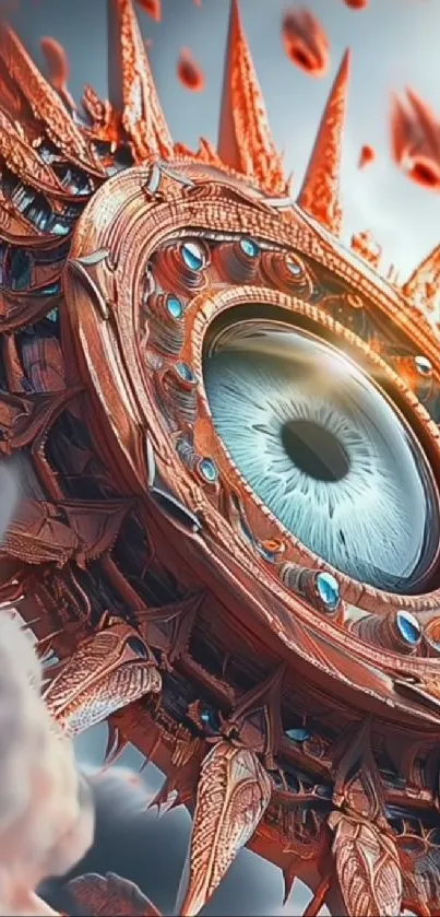 Futuristic eye art with copper and blue hues.