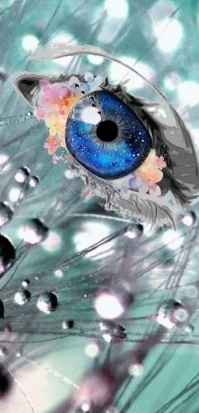 Futuristic blue eye with floral accents in abstract teal background.