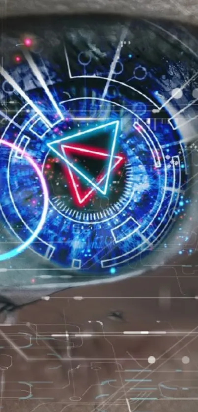 Futuristic eye digital art with neon elements and cyber patterns.
