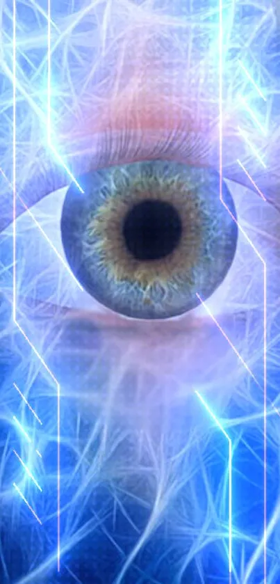 Futuristic eye with electric blue neon lines and digital art design.