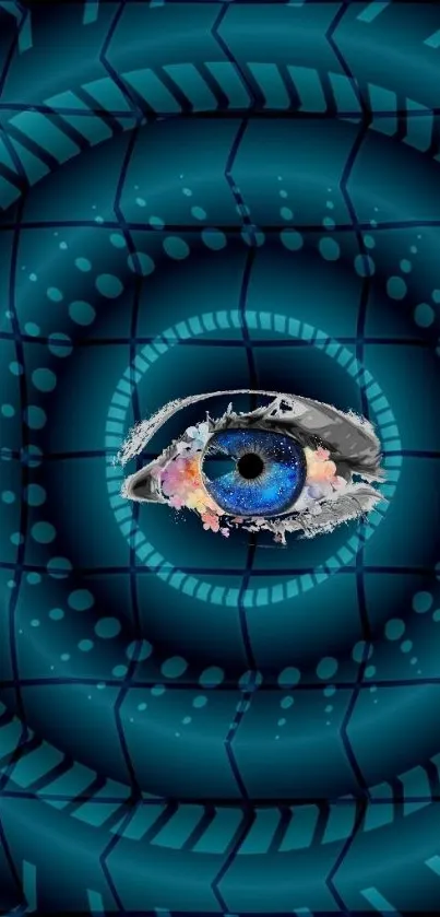 Futuristic digital art featuring a blue eye and techno patterns.