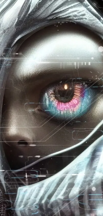 Futuristic digital art of a vibrant colored eye with cyberpunk elements.