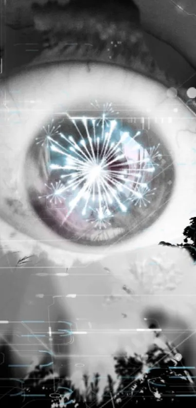 Futuristic eye digital wallpaper with light effects and abstract design.