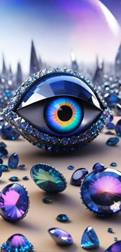 Futuristic eye gemstone wallpaper with surreal landscape